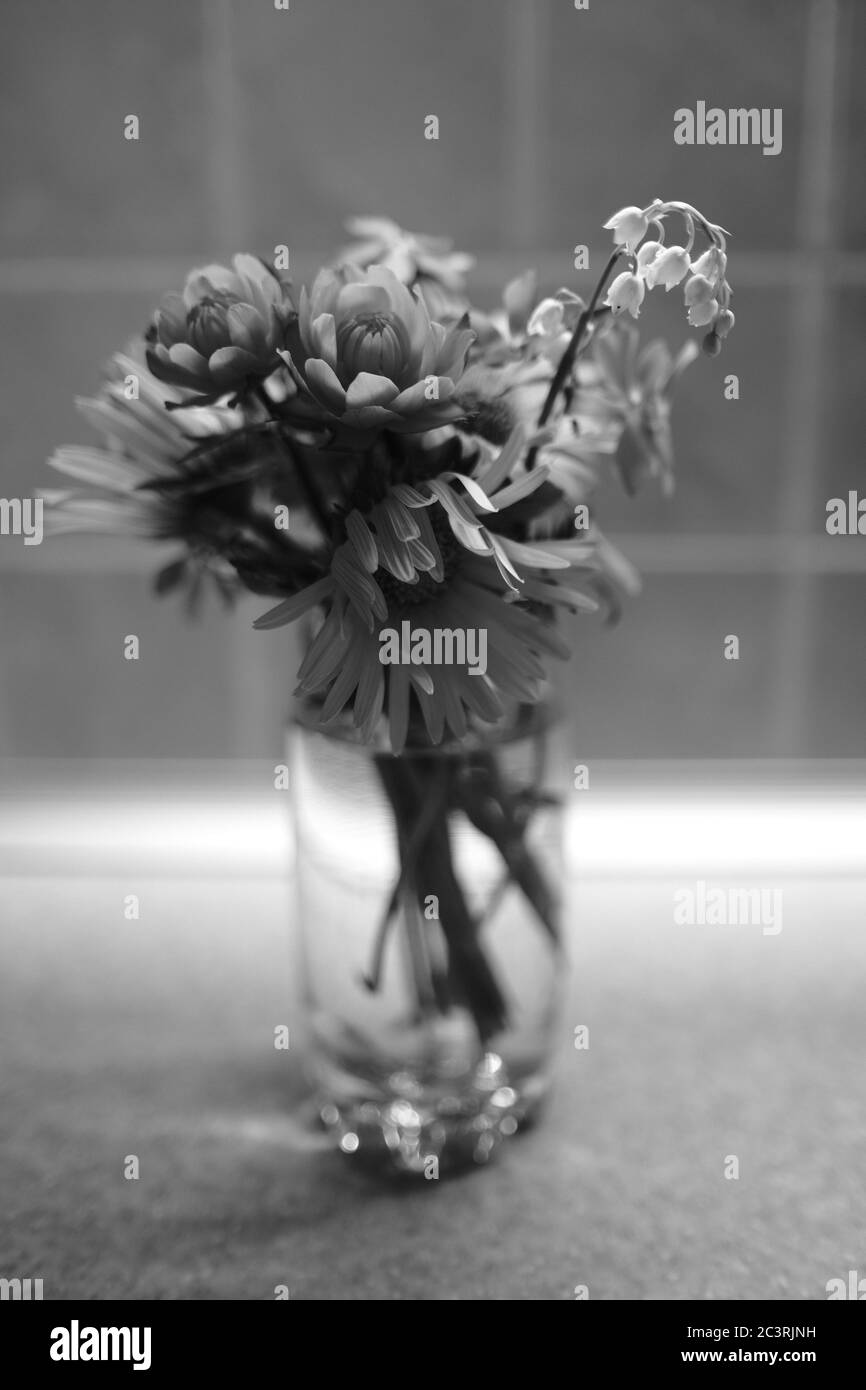 Immagine verticale in scala di grigi di un vaso pieno di bella margherita e fiori di giglio su un tavolo Foto Stock