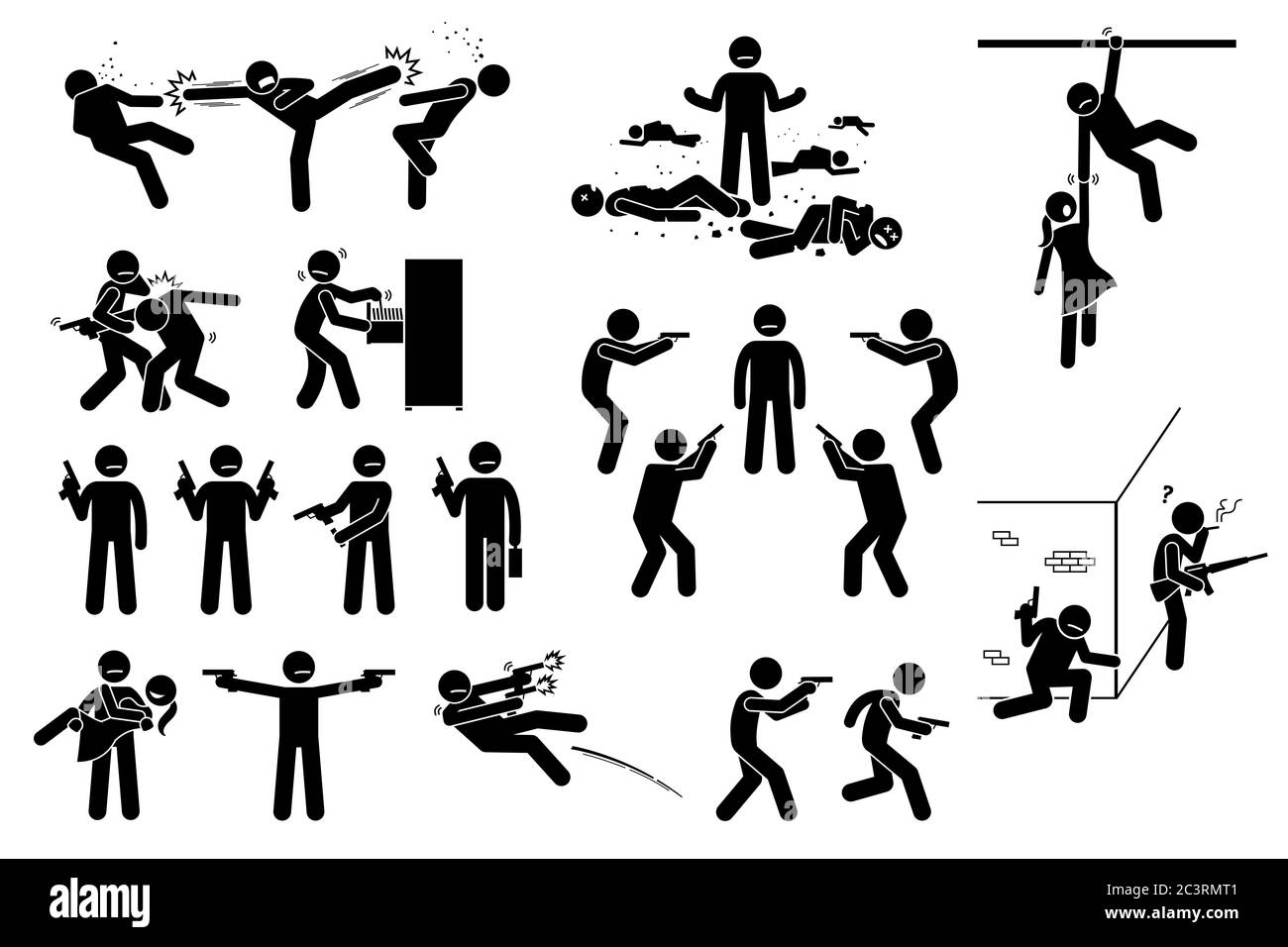 Scena di combattimento di eroe dell'azione cinematografica. Clipart vettoriale dell'uomo che combatte molte persone cattive. È circondato ma batte le bande. L'eroe di azione di figura del bastone usa g Illustrazione Vettoriale