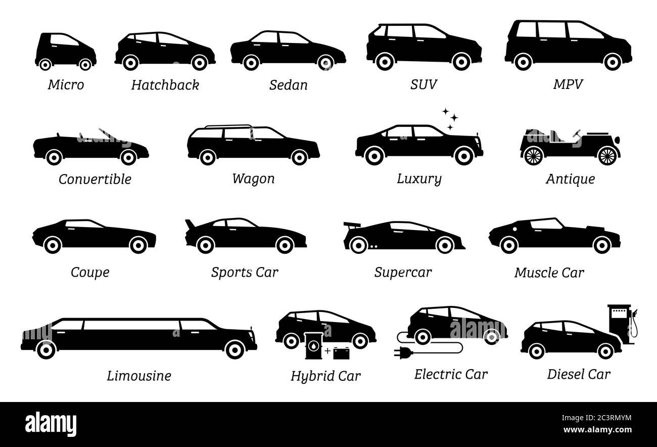 Elenco dei diversi tipi di icone di auto. Imposta l'icona di auto, trasporti, veicoli di diversi segmenti e tipi in un pittogramma nero dalla silhouette semplice Illustrazione Vettoriale