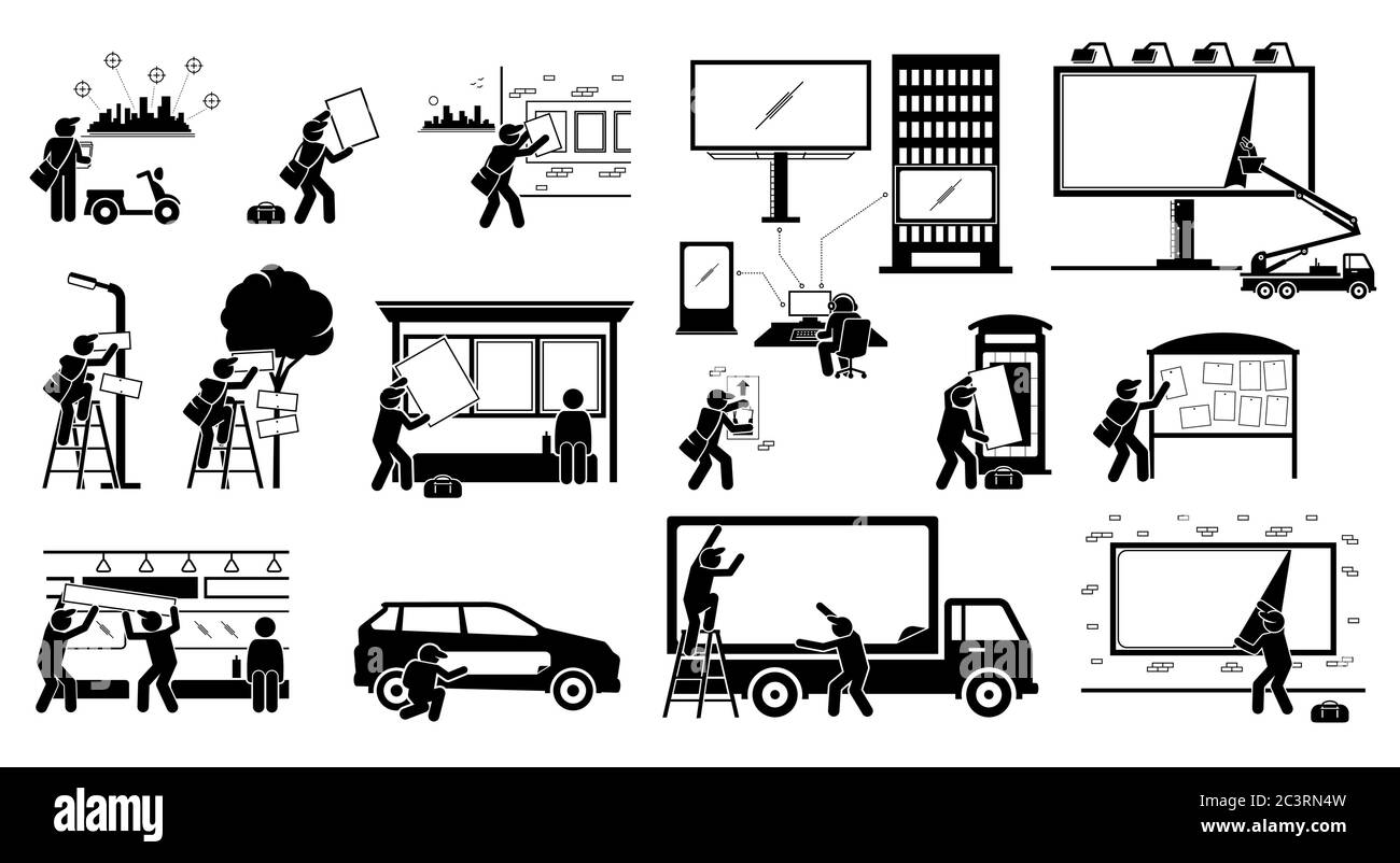 Agenzia pubblicitaria che mette in su la pubblicità di esposizione per l'introduzione sul mercato esterno. Illustrazioni vettoriali di figura di bastone uomo che consegna poster, banner, billb Illustrazione Vettoriale