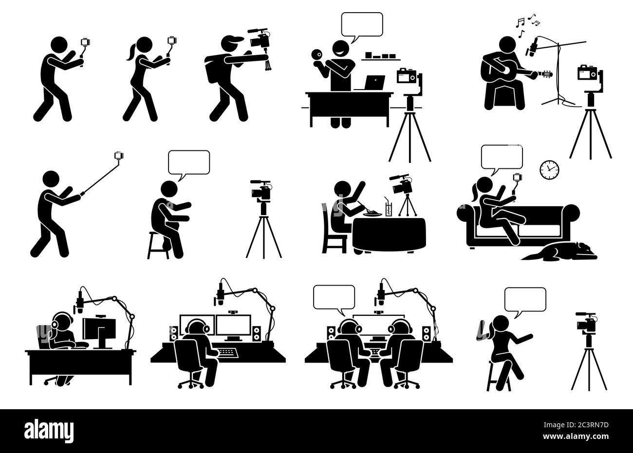 Icone dei pittogrammi dei blog video, dei vlog, dei podcast e dei simboli delle figure dei bastoncini in streaming. Le illustrazioni vettoriali mostrano le persone che si auto-registrano video con la fotocamera per cre Illustrazione Vettoriale