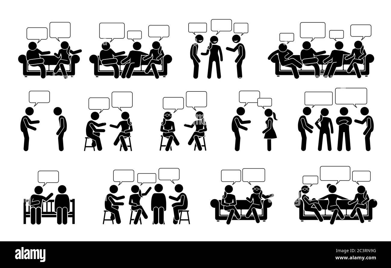Le persone conversazione e comunicazione con l'un l'altro bastone figure pittogramma icone. Le illustrazioni vettoriali raffigurano persone o amici che parlano e chattin Illustrazione Vettoriale