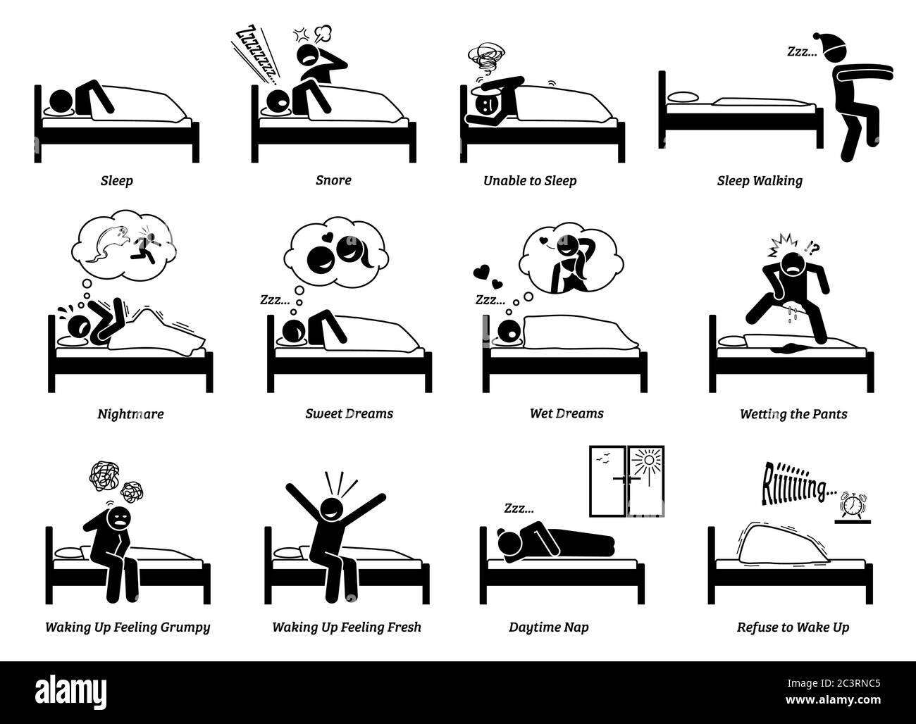 Persone che dormono, sognano e si svegliano dal letto. Illustrazioni vettoriali di una persona che addormenta, russare, dormire a piedi, a riposo, a pappagare e a svegliarsi u Illustrazione Vettoriale