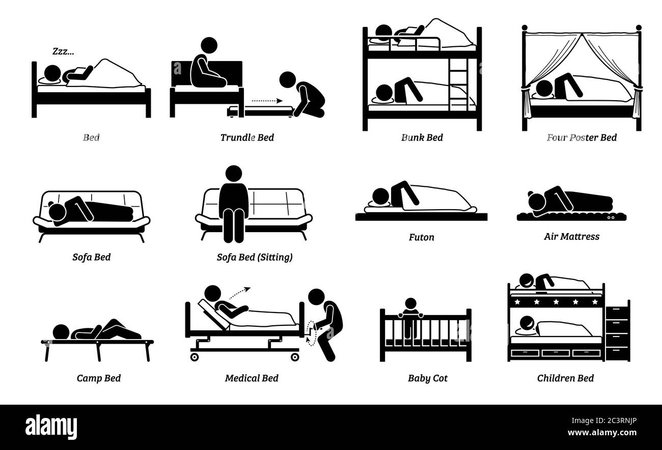 Persone che dormono su diversi tipi di letto. Illustrazione vettoriale di persona dormire su trundle, cuccetta, quattro poster, divano, futon, materasso ad aria e letto medico Illustrazione Vettoriale