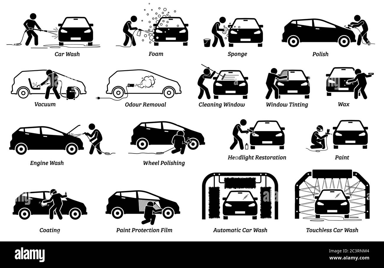 Set di icone per il detailer auto professionale. Illustrazioni vettoriali di auto servizi di dettaglio di lavaggio auto, lucidatura, pulizia, ceratura, riverniciatura, ce Illustrazione Vettoriale