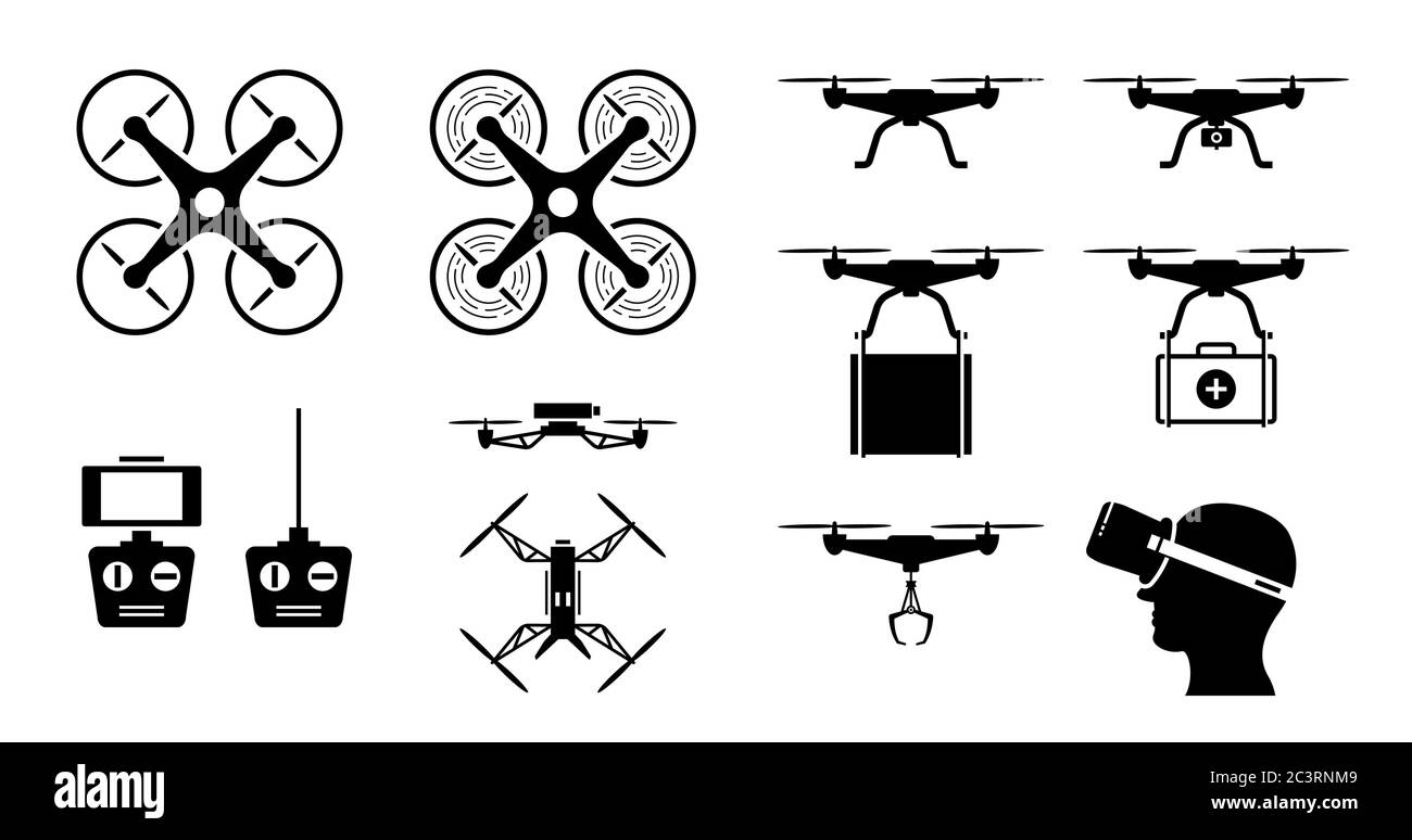 Set di icone drone con gadget e accessori. Icone vettoriali dei droni nella vista superiore e laterale. Telecomando drone con schermo del telefono, fotocamera, gancio e. Illustrazione Vettoriale