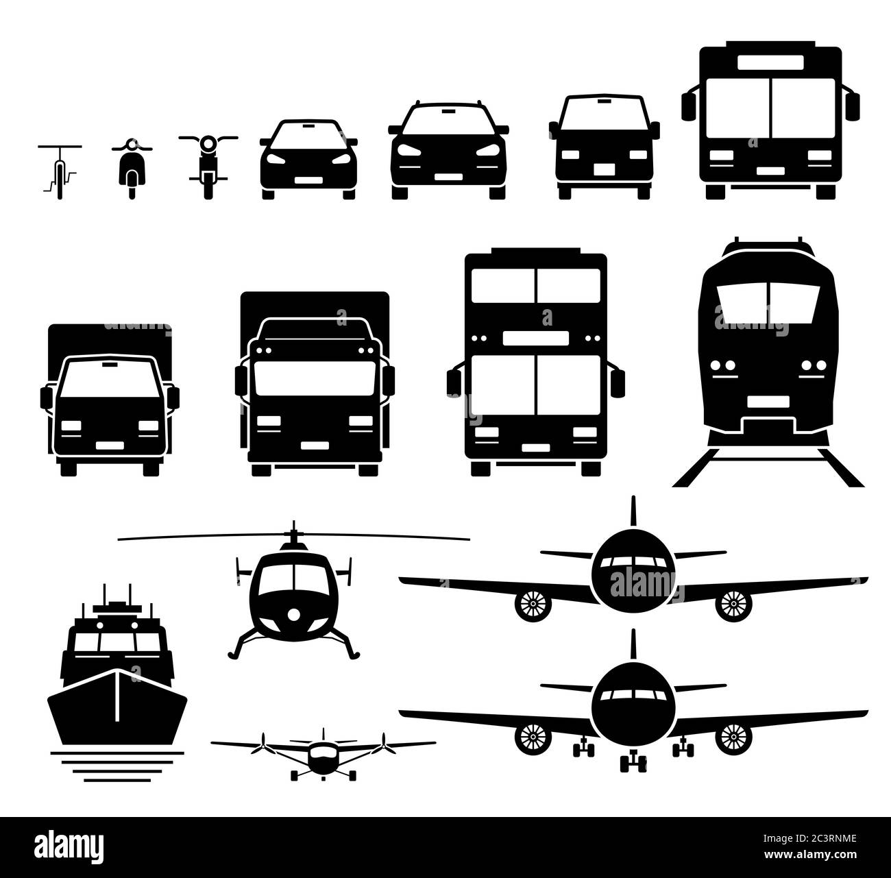 Vista frontale delle icone dei veicoli per il trasporto terrestre, aereo e acquatico impostate. Vettore di bicicletta, moto, auto, SUV, furgone, autobus, camion, camion, doppio pianale Illustrazione Vettoriale
