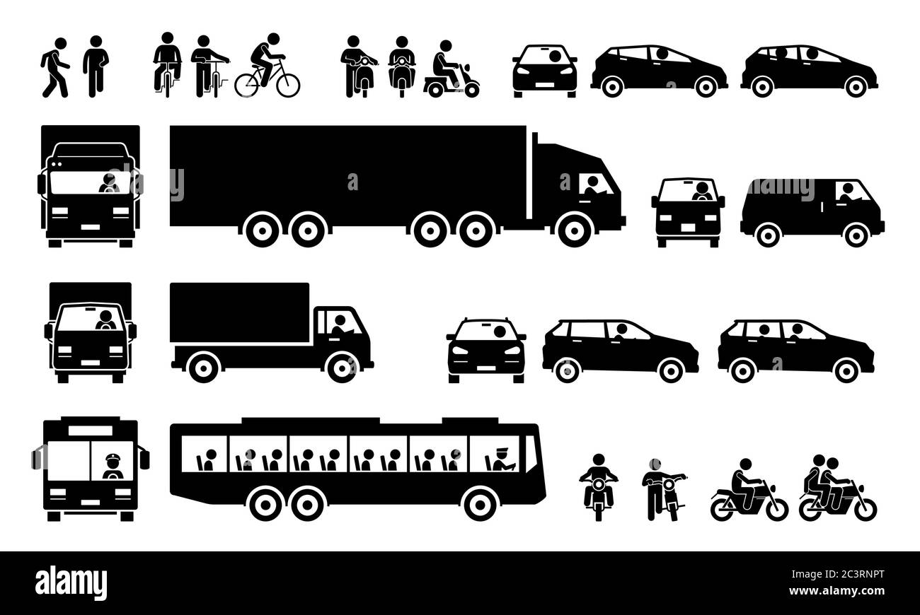 Icone dei trasporti su strada e dei trasporti. Clipart vettoriali di uomo che cammina, bicicletta, moto da corsa, auto da guida, camion e furgone. Uomo Illustrazione Vettoriale