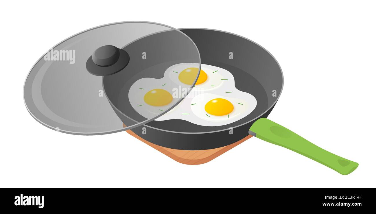 Immagine isometrica piatta della pentola con uova strapazzate fritte, coperchio in vetro. La mattina mangiando omelette da goccia teglia. La colazione, inge Illustrazione Vettoriale