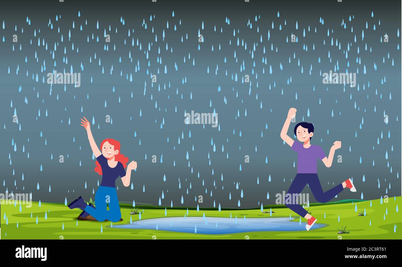 gli amici ballano sotto la pioggia Illustrazione Vettoriale
