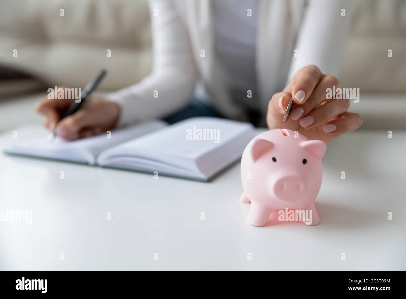 Donna thrifty che scrive le spese giornaliere ha messo la moneta nella banca del piggy Foto Stock