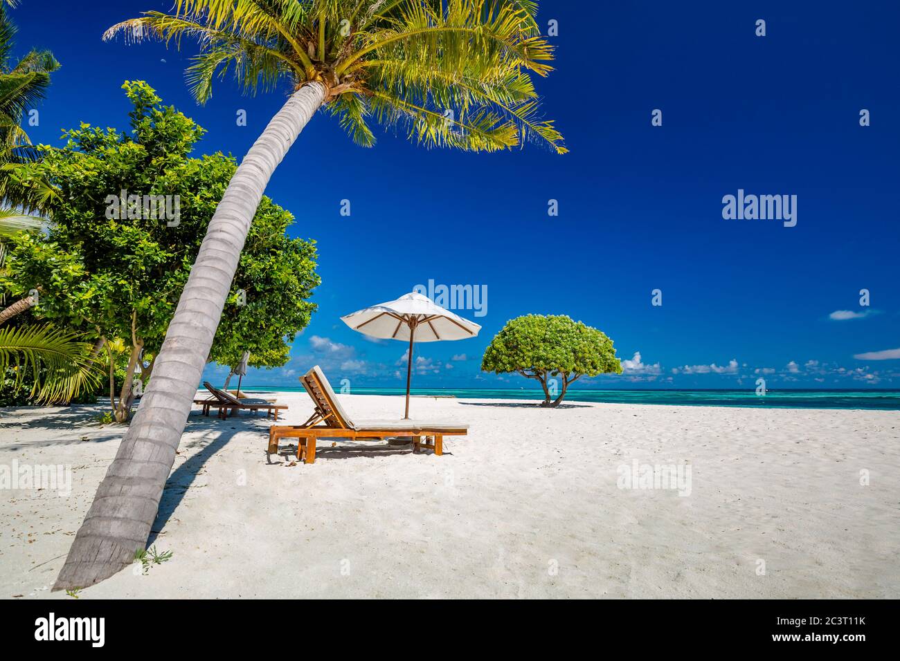 Bellissima spiaggia tropicale. Sabbia bianca e palme da cocco turismo di viaggio ampio panorama di fondo concetto. Paesaggio di spiaggia incredibile, viaggi di lusso, vacanza Foto Stock