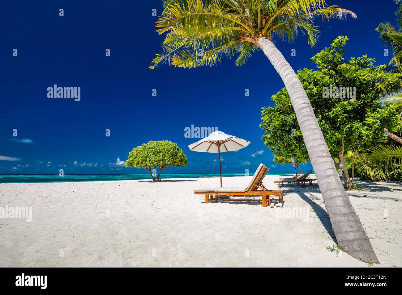 Bellissima spiaggia tropicale. Sabbia bianca e palme da cocco turismo di viaggio ampio panorama di fondo concetto. Paesaggio di spiaggia incredibile, viaggi di lusso, vacanza Foto Stock
