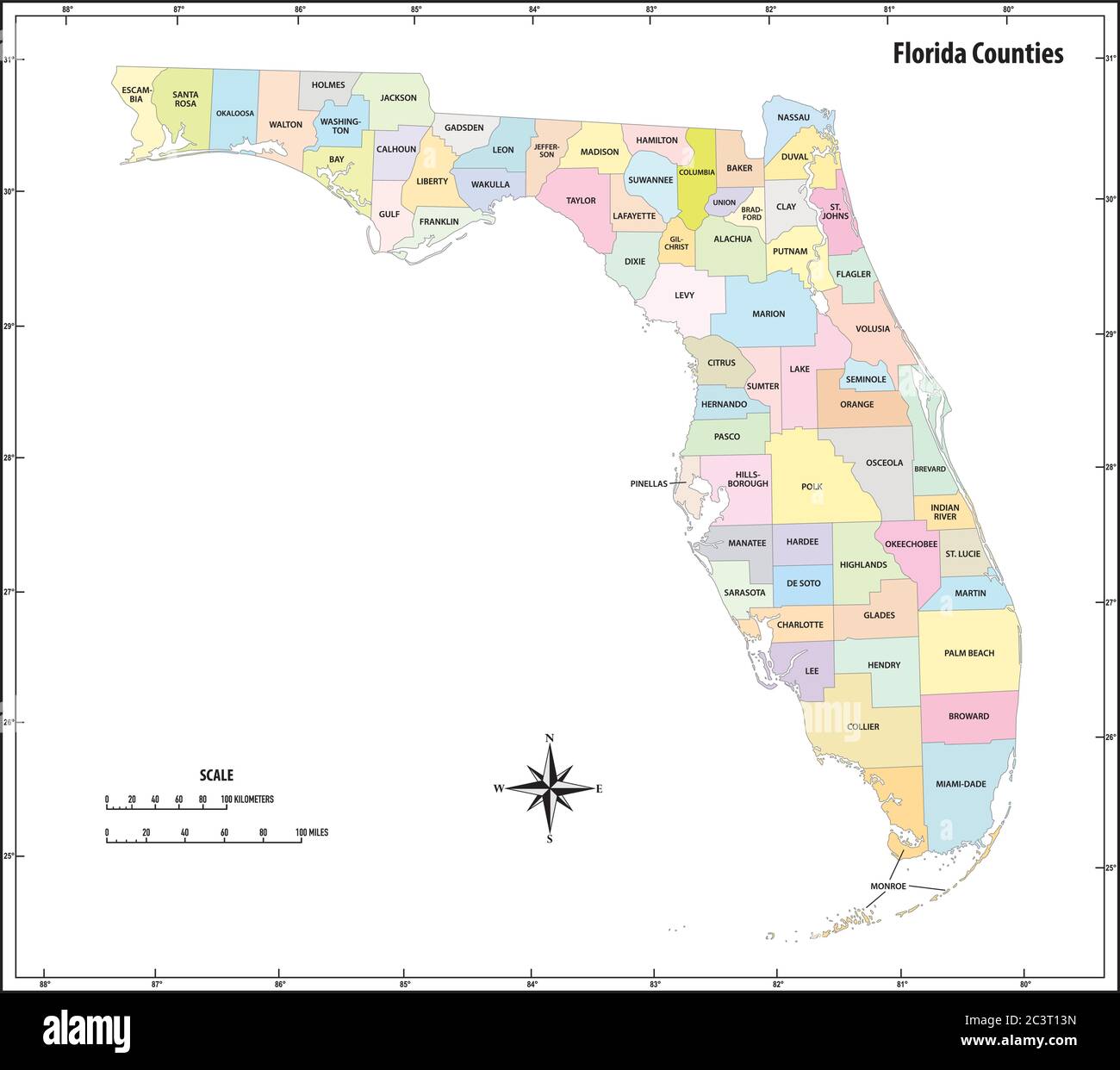 florida stato delineare la mappa amministrativa e politica a colori Illustrazione Vettoriale