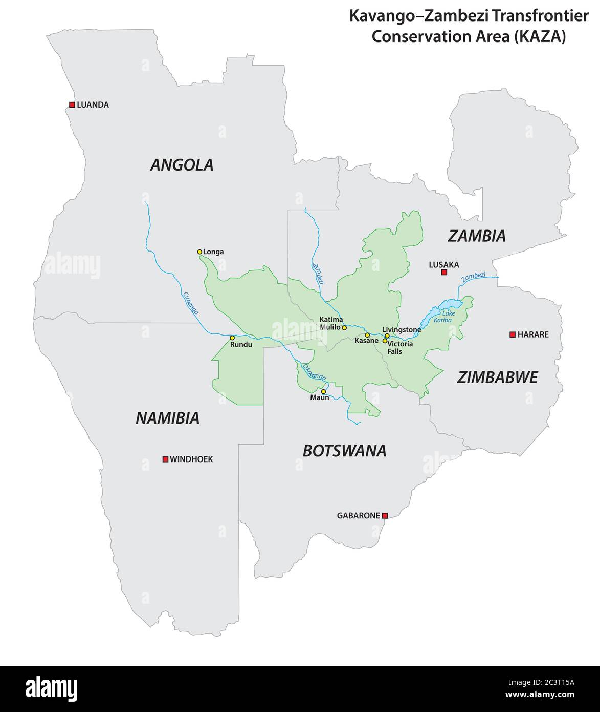 Mappa vettoriale della Kavango-Zambesi Transbondian Conservation Area (KAZA) nell'Africa meridionale Illustrazione Vettoriale