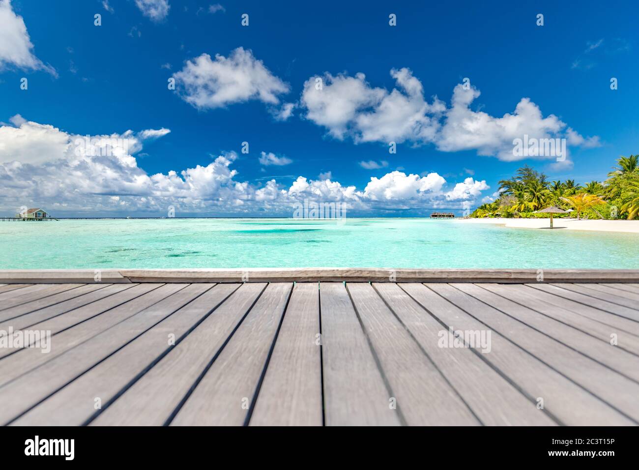 Esposizione di prodotti da tavola in legno con una vacanza estiva, sfondo di vacanza di spiaggia tropicale, mare blu, nuvole bianche, luce solare e foglia verde di palma Foto Stock