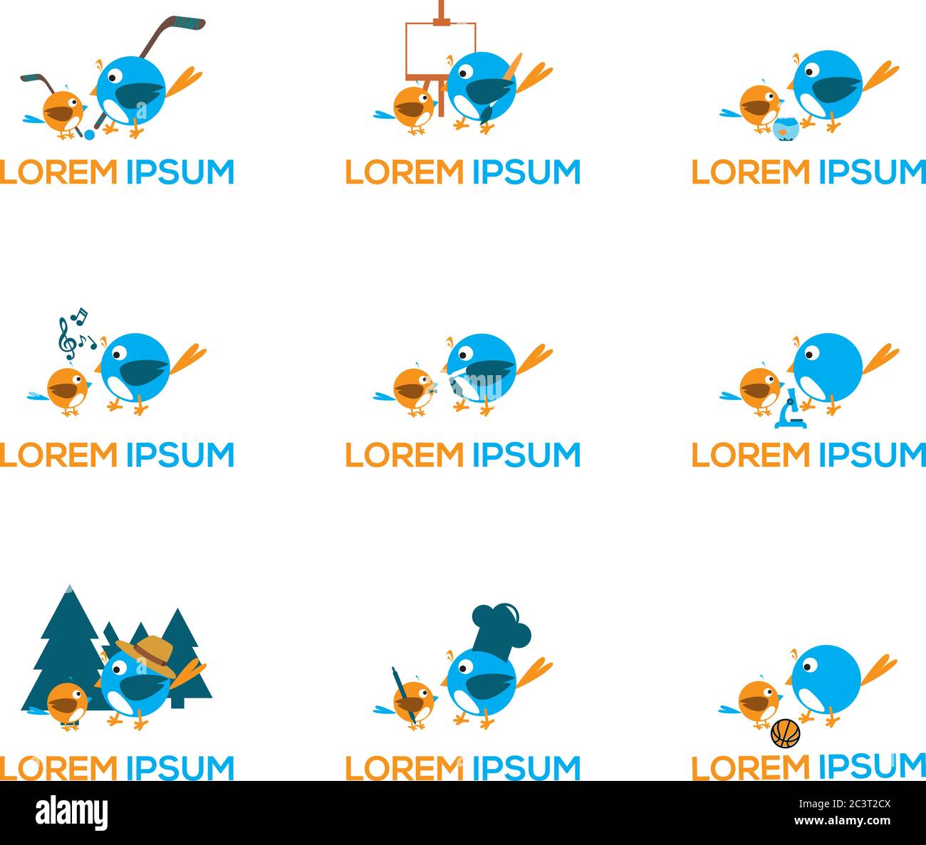 Buona qualità tempo mamma e bambini, felice bambini uccelli set di illustrazioni Cartoon Illustrazione Vettoriale