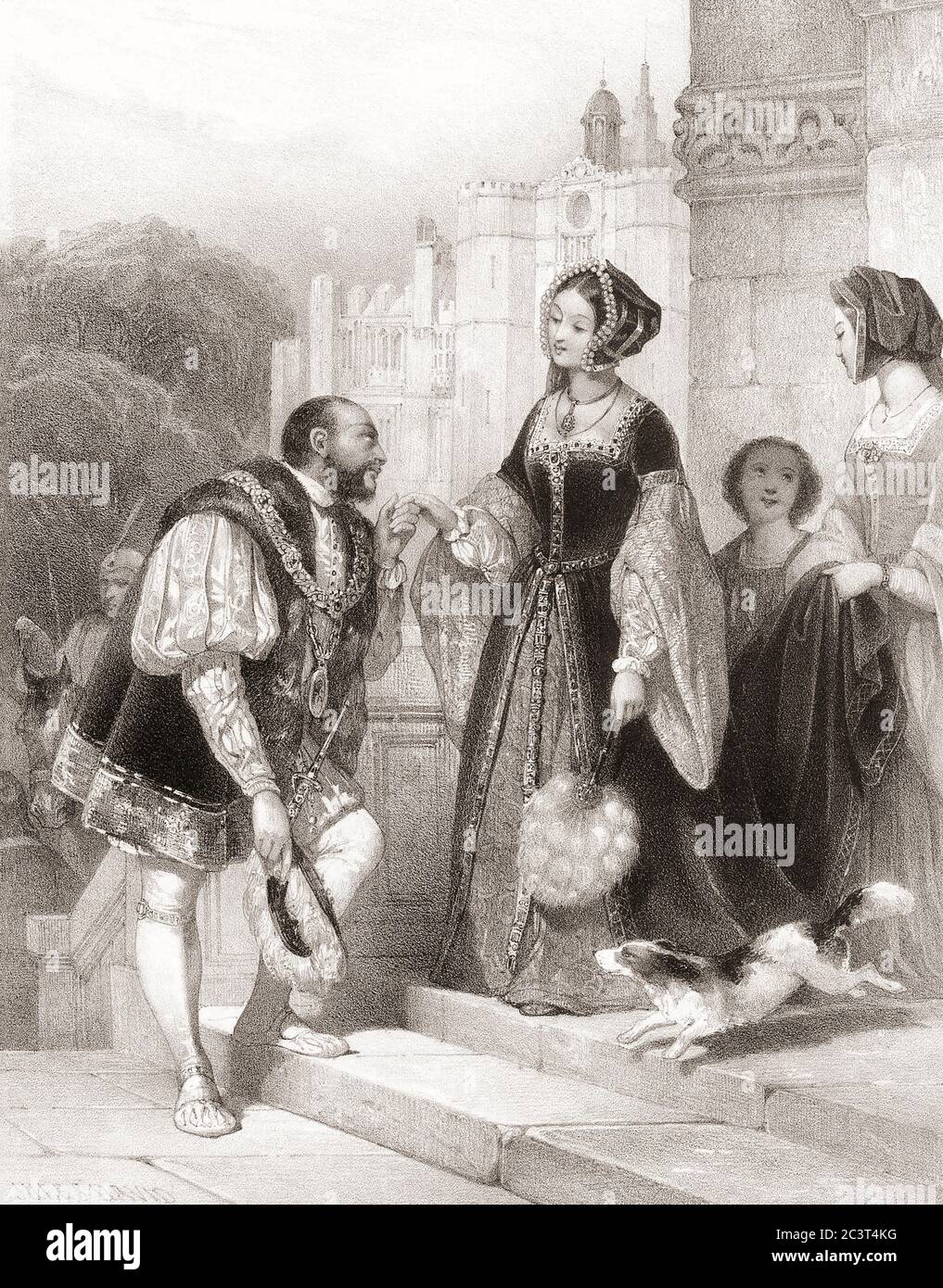 Re Enrico VIII d'Inghilterra incontrò Anna Boleyn. Dopo un lavoro del 19 ° secolo da Jules David. Foto Stock