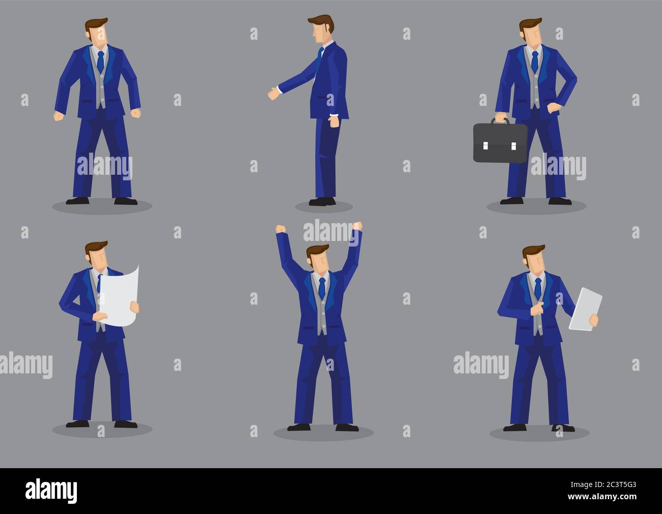 Set di sei illustrazione vettoriale di imprenditore indossando un blu brillante formale pezzo tre business suit in vari gesti isolati su sfondo grigio. Illustrazione Vettoriale