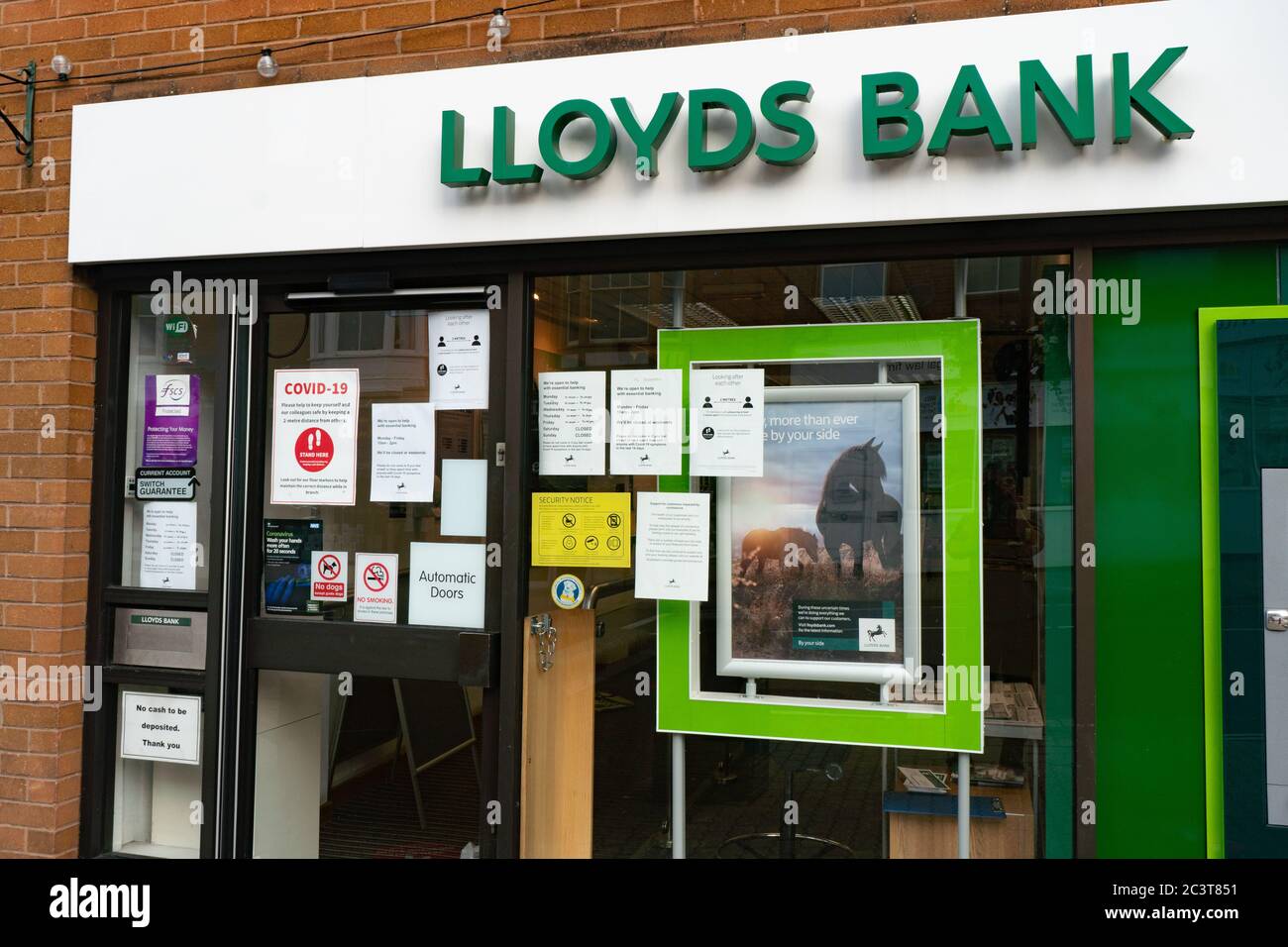 Covid-19 Poster di informazioni sulla sicurezza in vetrina di una filiale della Lloyds Bank. Malvern. Worcestershire. Isole britanniche. Foto Stock