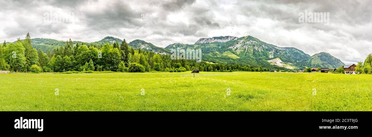 Splendido scenario con cielo nuvoloso, mare nuvoloso, sole tenue. Paesaggio alpino di montagna campo Foto Stock