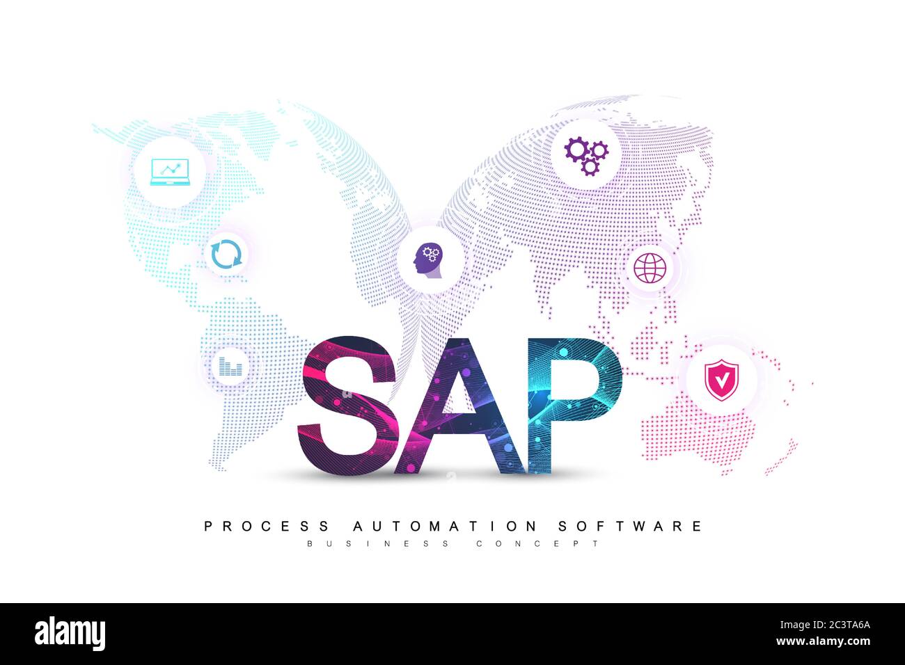 SAP Business process automation software. ERP Enterprise Resources Planning il concetto di sistema modello di pagina di intestazione. Il futuro della tecnologia sci-fi concetto SAP Illustrazione Vettoriale
