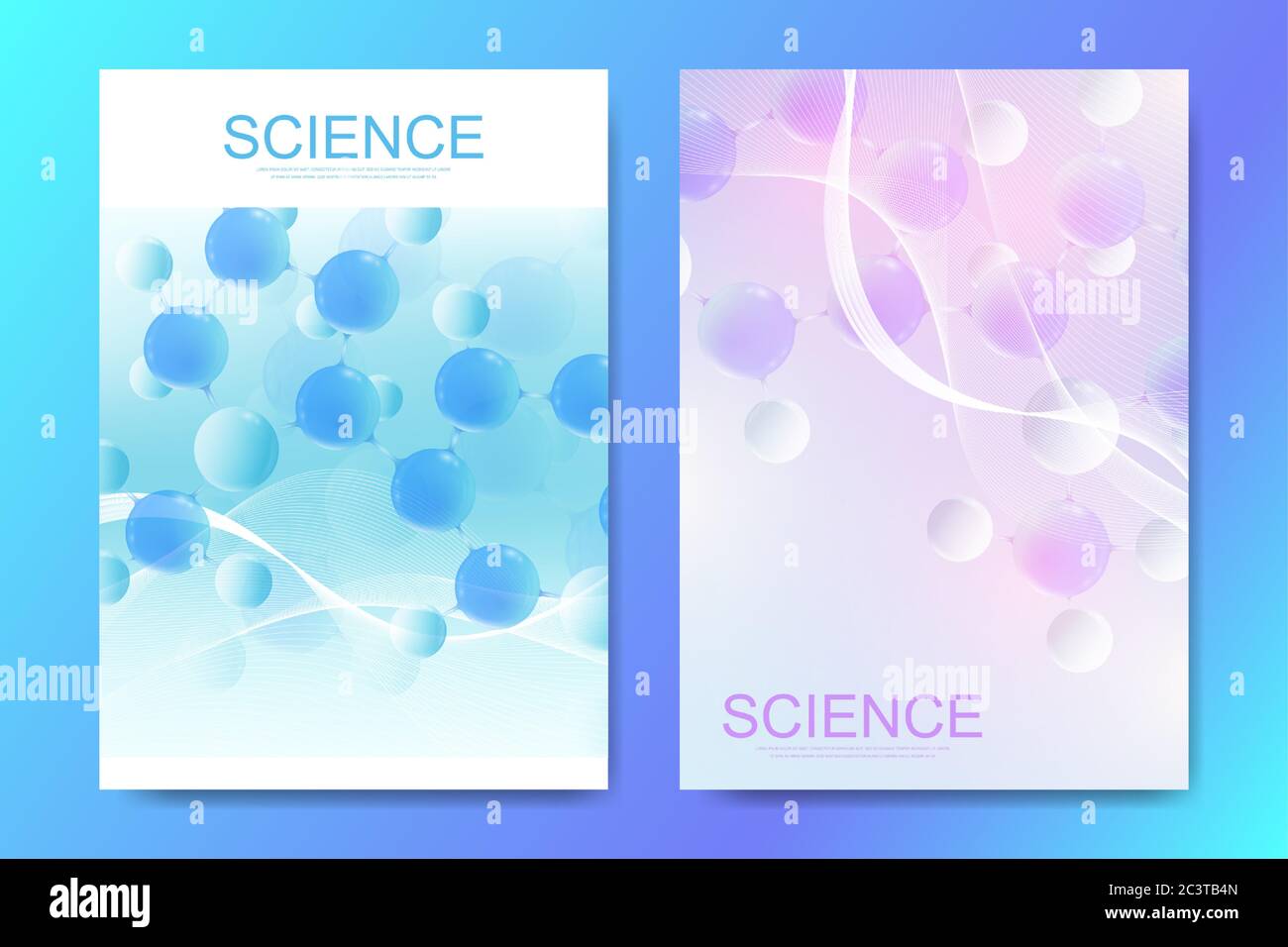 Banner, poster o brochure progettano modelli con molecole 3d astratte colorate. Atomi. Neuroni. Banner tecnologico sull'innovazione medica Illustrazione Vettoriale