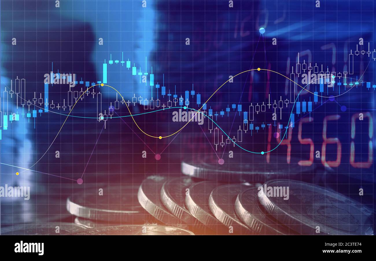 Doppia esposizione di grafici e righe di monete per il concetto di finanza e business. Foto Stock