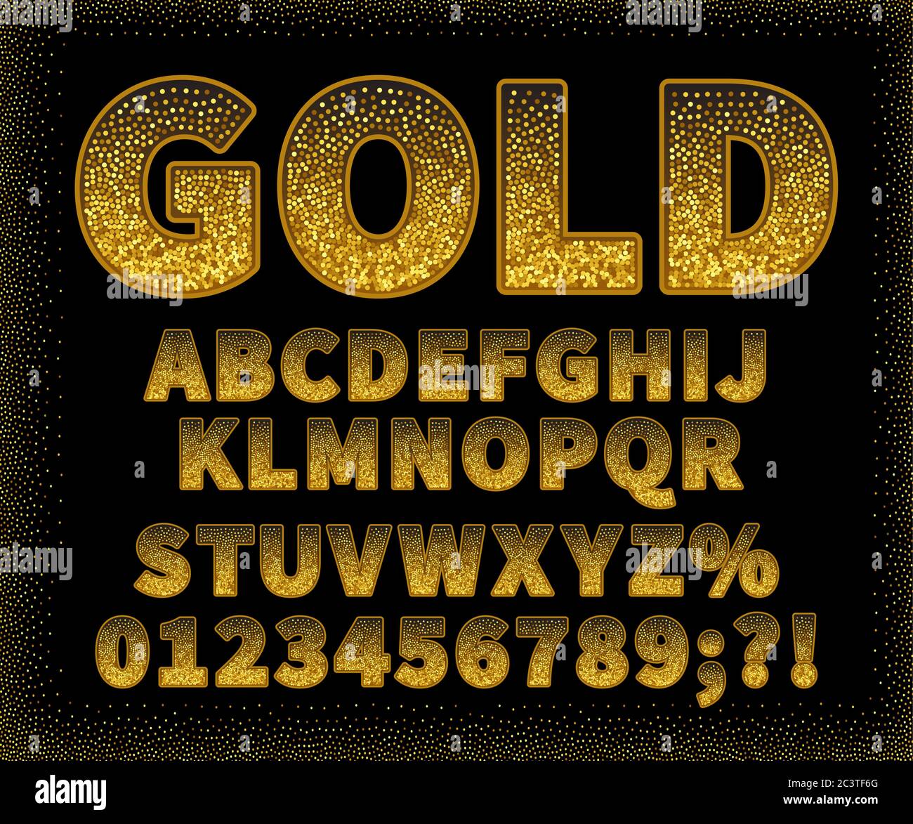 Vintage gold sans serif font su sfondo nero. Lettere maiuscole con numeri. Illustrazione Vettoriale