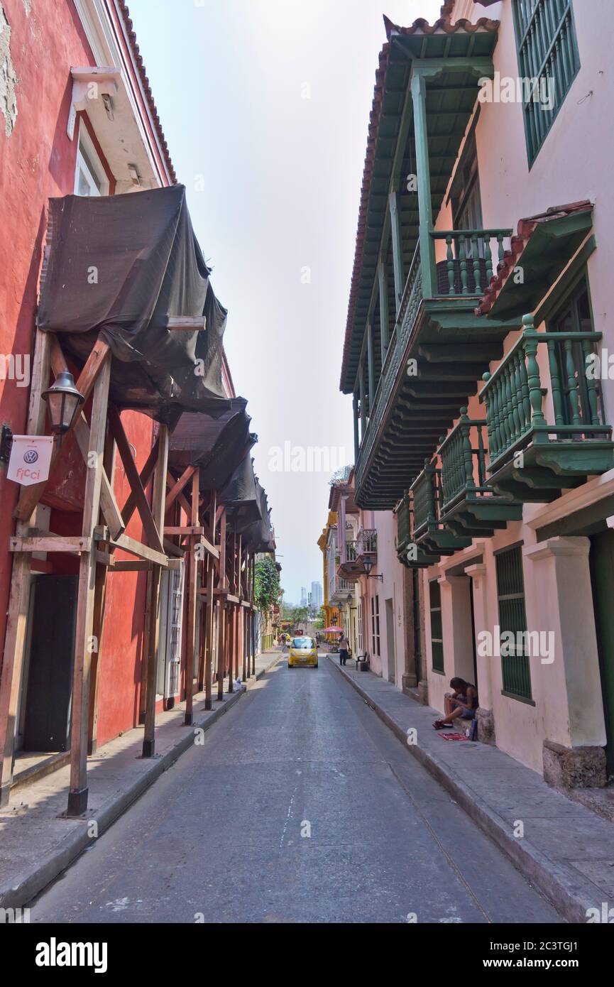 Vista della vecchia città strada Cartagena, Colombia, Sud America Foto Stock