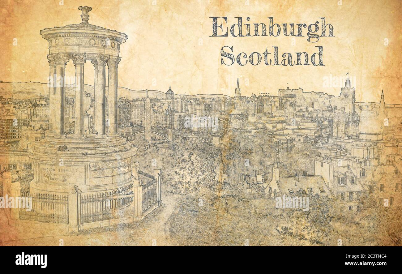 Calton Hill a Edimburgo, schizzo su carta vecchia Foto Stock