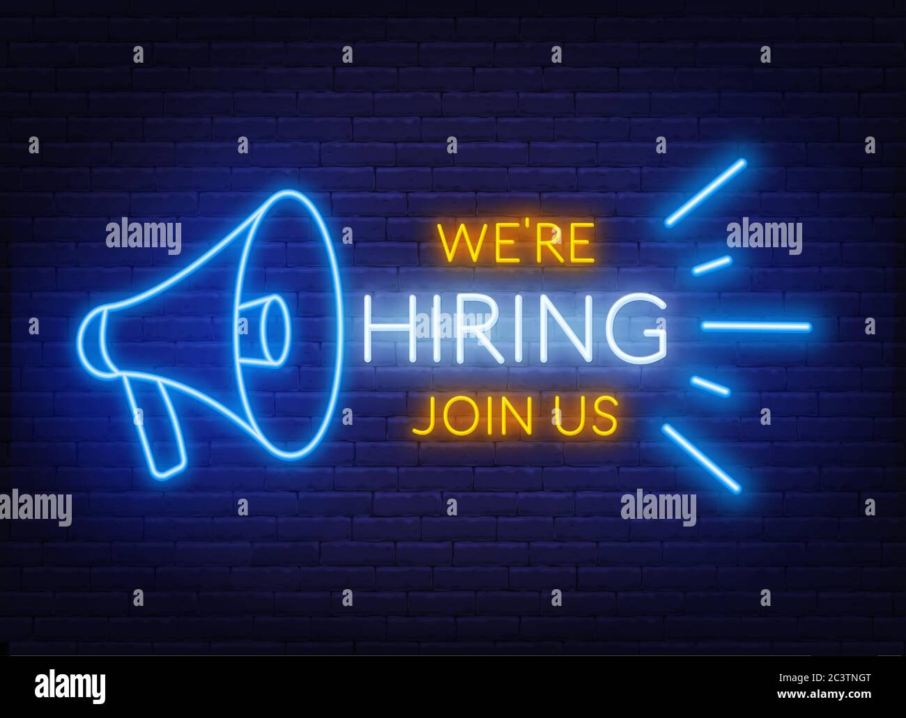 Neon segno che stiamo assumendo - unisciti a noi sullo sfondo di muro di mattoni. Poster o banner per il reclutamento. Illustrazione Vettoriale