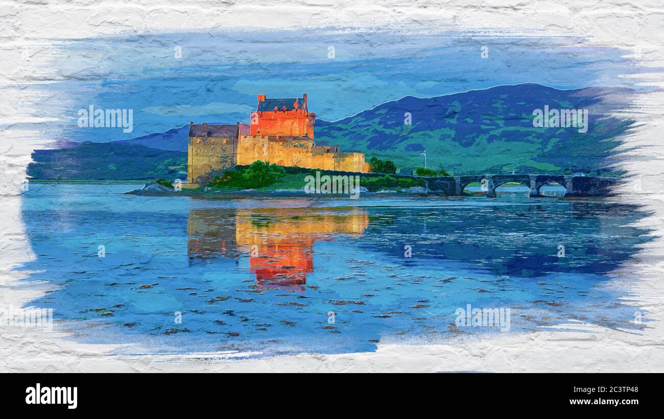 Acquerello di Eilean Donan illuminato Castello di notte, Scozia Foto Stock
