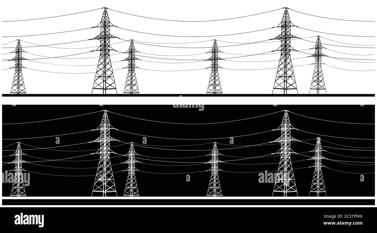 Illustrazione vettoriale panoramica orizzontale stilizzata senza giunture sul tema delle linee elettriche ad alta tensione, industriale ed energetico Illustrazione Vettoriale