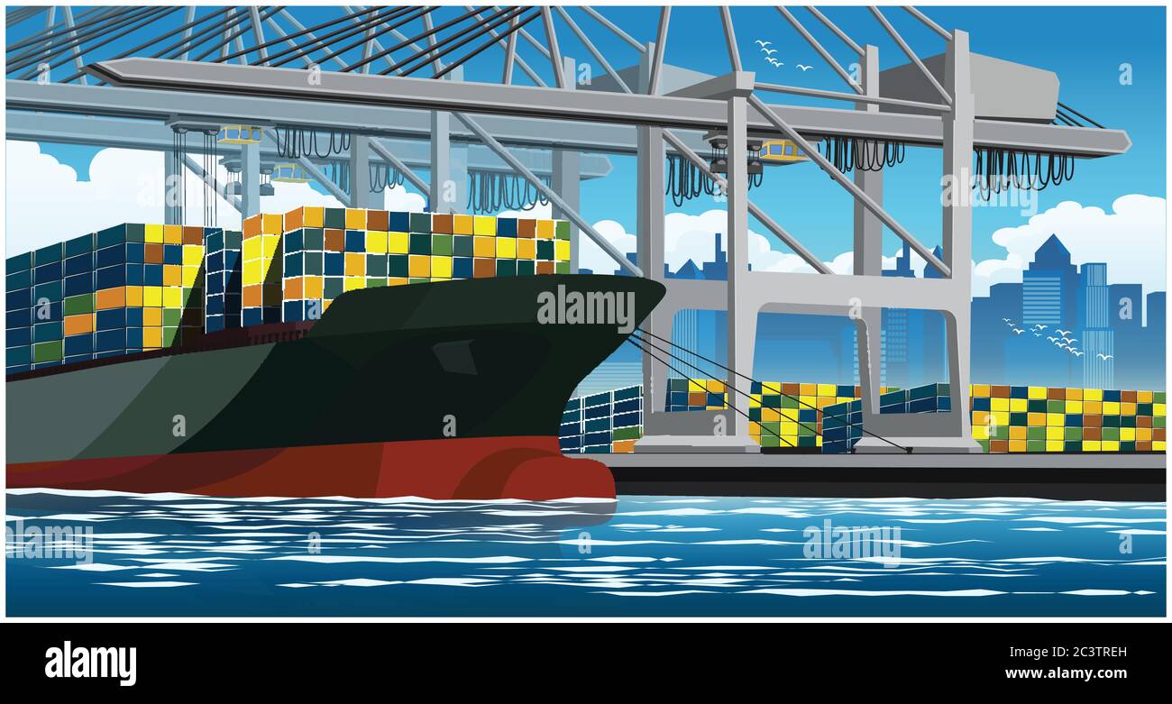 Gru portuali di grandi dimensioni che caricano navi portacontainer nel porto di giorno in giorno Illustrazione Vettoriale