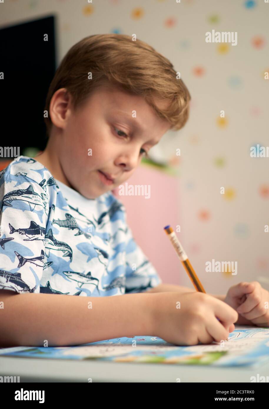 Bambino con compiti durante la lezione online a casa, distanza sociale durante la quarantena Covid-19 Foto Stock