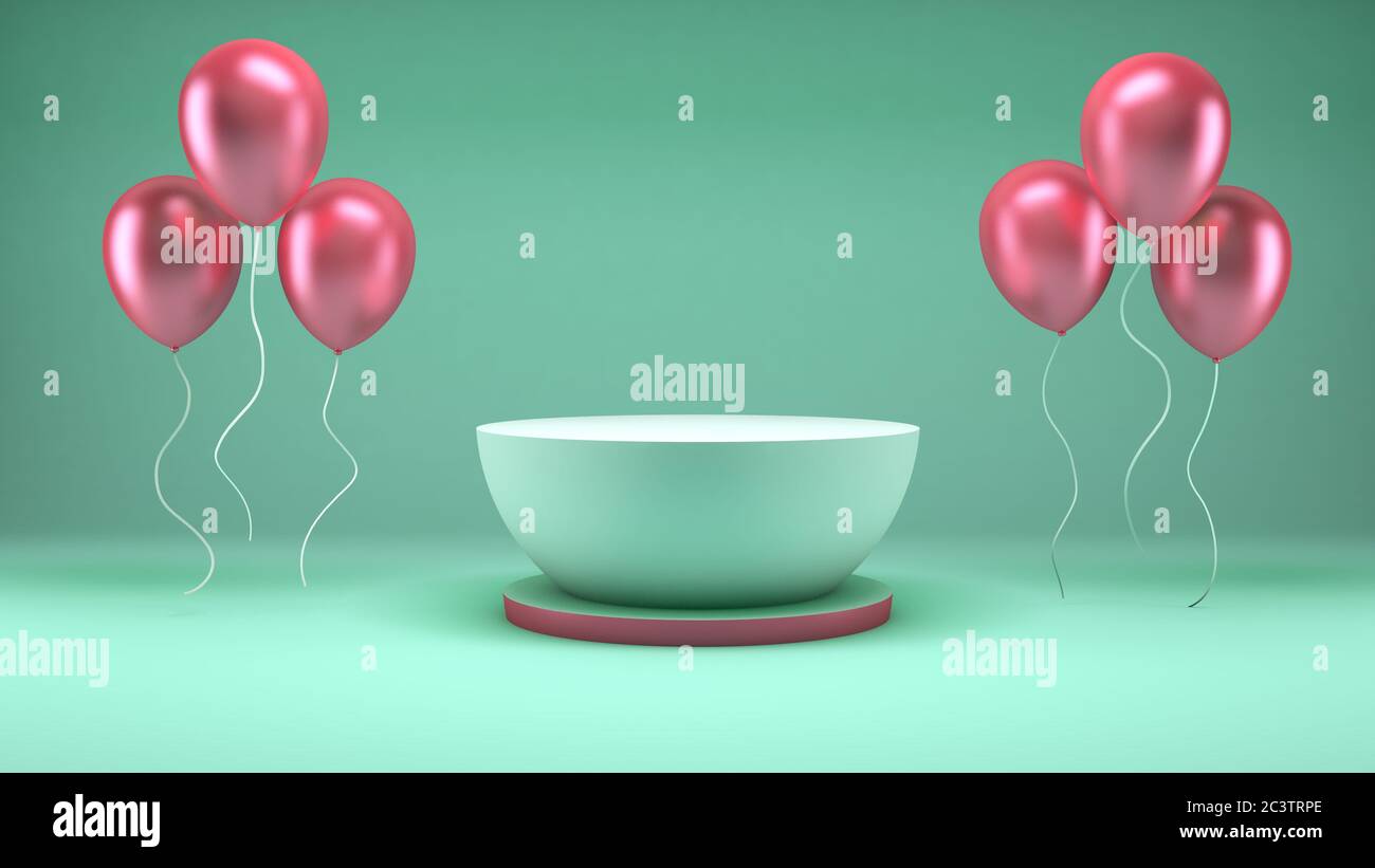 Rendering 3D di un podio bianco e palloncini rosa galleggianti su sfondo verde pastello per la scena di presentazione del prodotto Foto Stock
