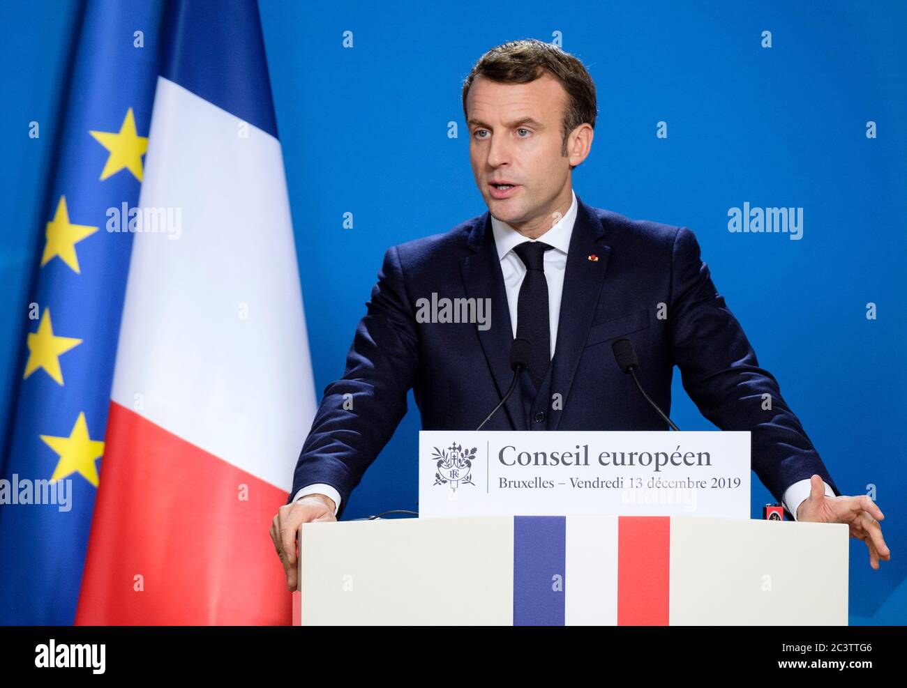 Belgio, Bruxelles, 13 dicembre 2019: Il presidente della Repubblica francese Emmanuel Macron durante una conferenza stampa nel quadro del vertice dell'UE Foto Stock