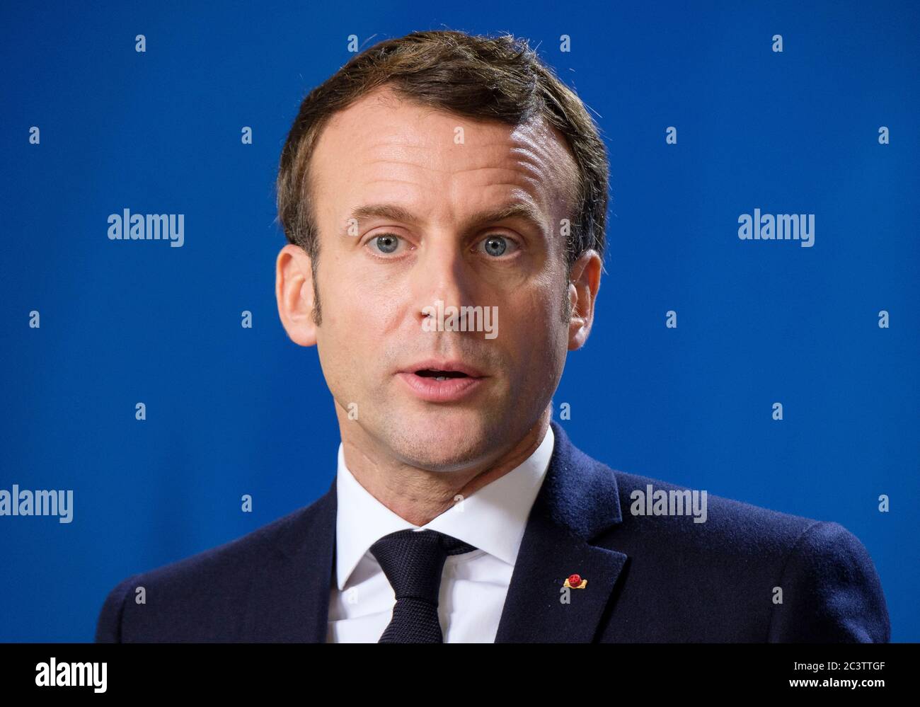 Belgio, Bruxelles, 13 dicembre 2019: Il presidente della Repubblica francese Emmanuel Macron durante una conferenza stampa nel quadro del vertice dell'UE Foto Stock