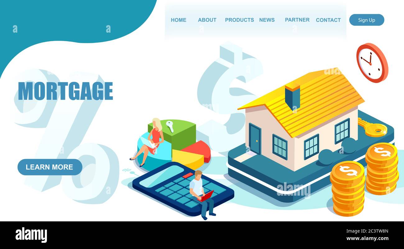Calcolatore ipotecario, prestito di casa e investimento immobiliare concetto. Vettore di un uomo e una donna che acquista una casa facendo calcoli mensili Illustrazione Vettoriale