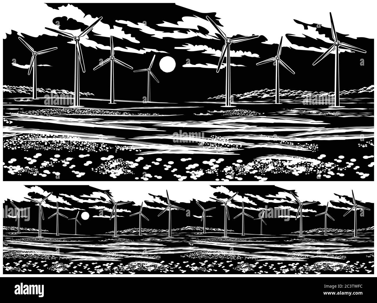 Illustrazione di un campo pittoresco con generatori di vento. Senza giunture in orizzontale, se necessario Illustrazione Vettoriale