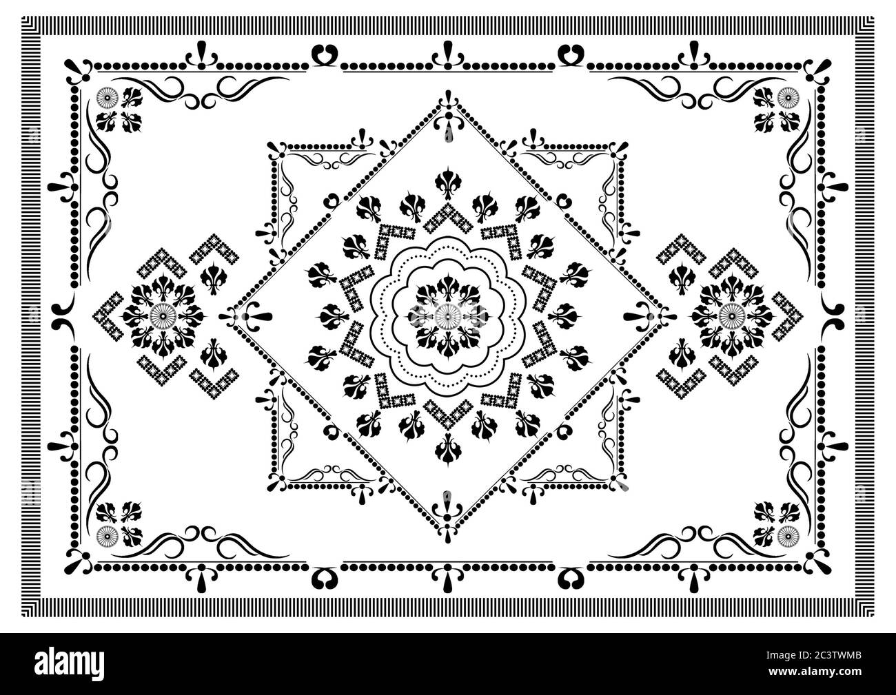 Cornice nera vintage con bordo punteggiato e un motivo stilizzato di gigli, linee curve e perline al centro su sfondo bianco Foto Stock