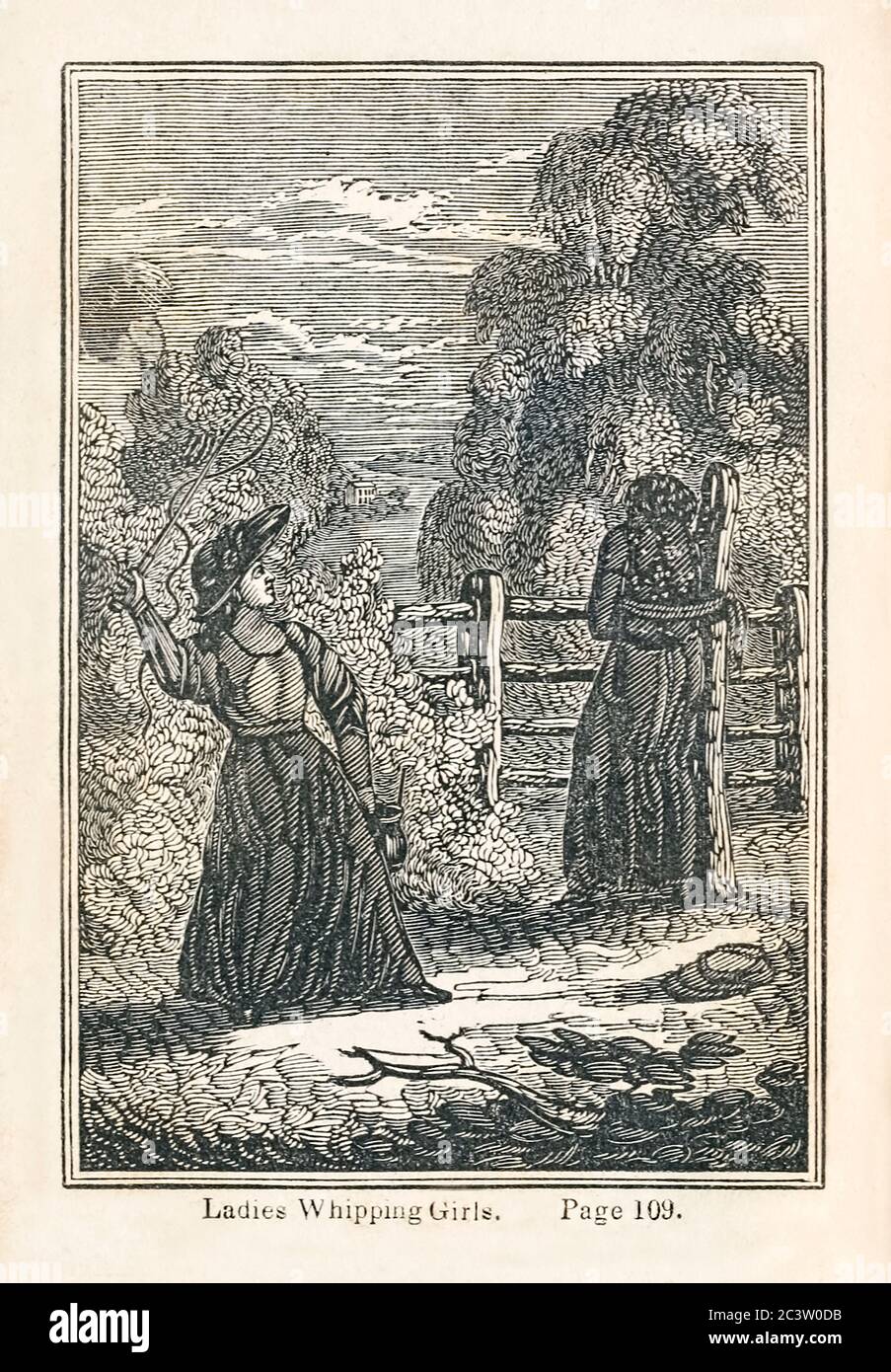 Illustrazione di "Ladies whipping girls" tratta da ‘Picture of Slavery in the United States of America’ di George Bourne (1780-1845), fondatore della American Anti-Slavery Society, pubblicata nel 1834 il libro ha descritto il commercio, gli abusi e gli stili di vita corrotti di coloro che sono coinvolti nella schiavitù per promuovere la causa abolizionista. Foto Stock