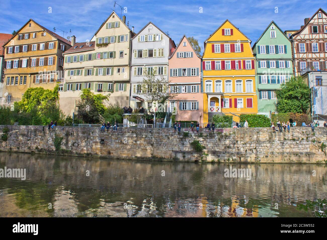 Tübingen, vista sulla città vecchia sul fiume, Germania Foto Stock
