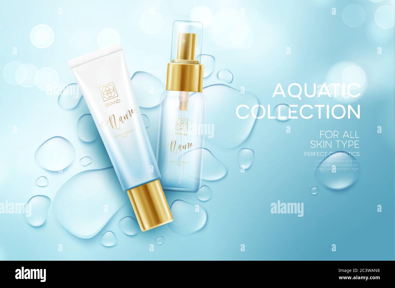 Cosmetici su sfondo con gocce d'acqua. Modello di disegno crema viso idratante. Illustrazione vettoriale Illustrazione Vettoriale