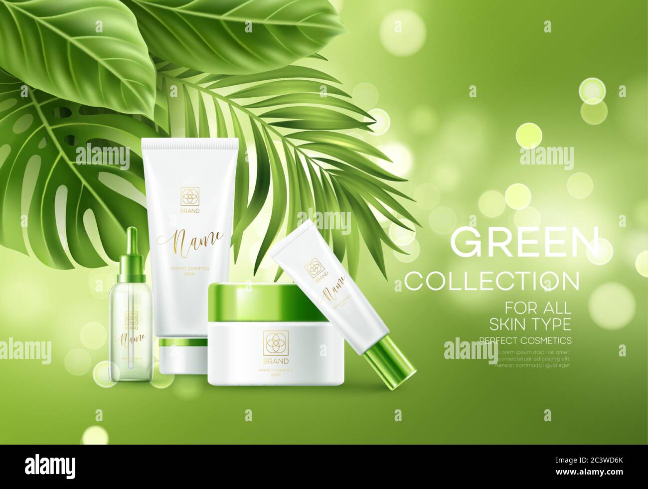 Cosmetici su sfondo verde bokeh con foglie di palma tropicali. Cosmetici per il viso, banner per la cura del corpo, design di modelli volantini. Illustrazione vettoriale Illustrazione Vettoriale