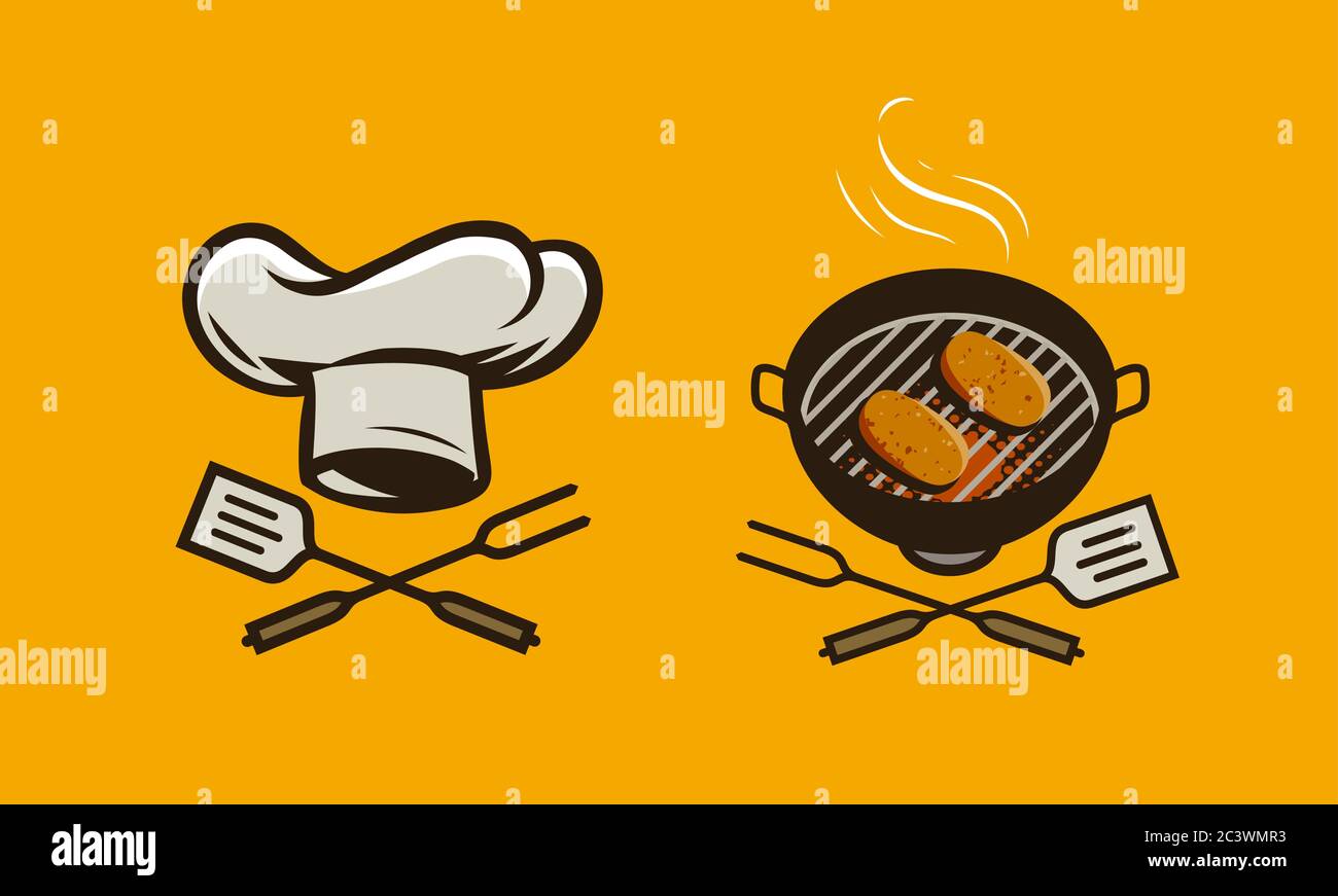 Logo o etichetta del cibo. BBQ, illustrazione vettoriale barbecue Illustrazione Vettoriale
