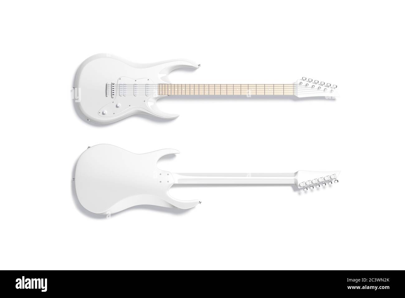Bianco bianco mockup chitarra elettrica, fronte e retro Foto Stock