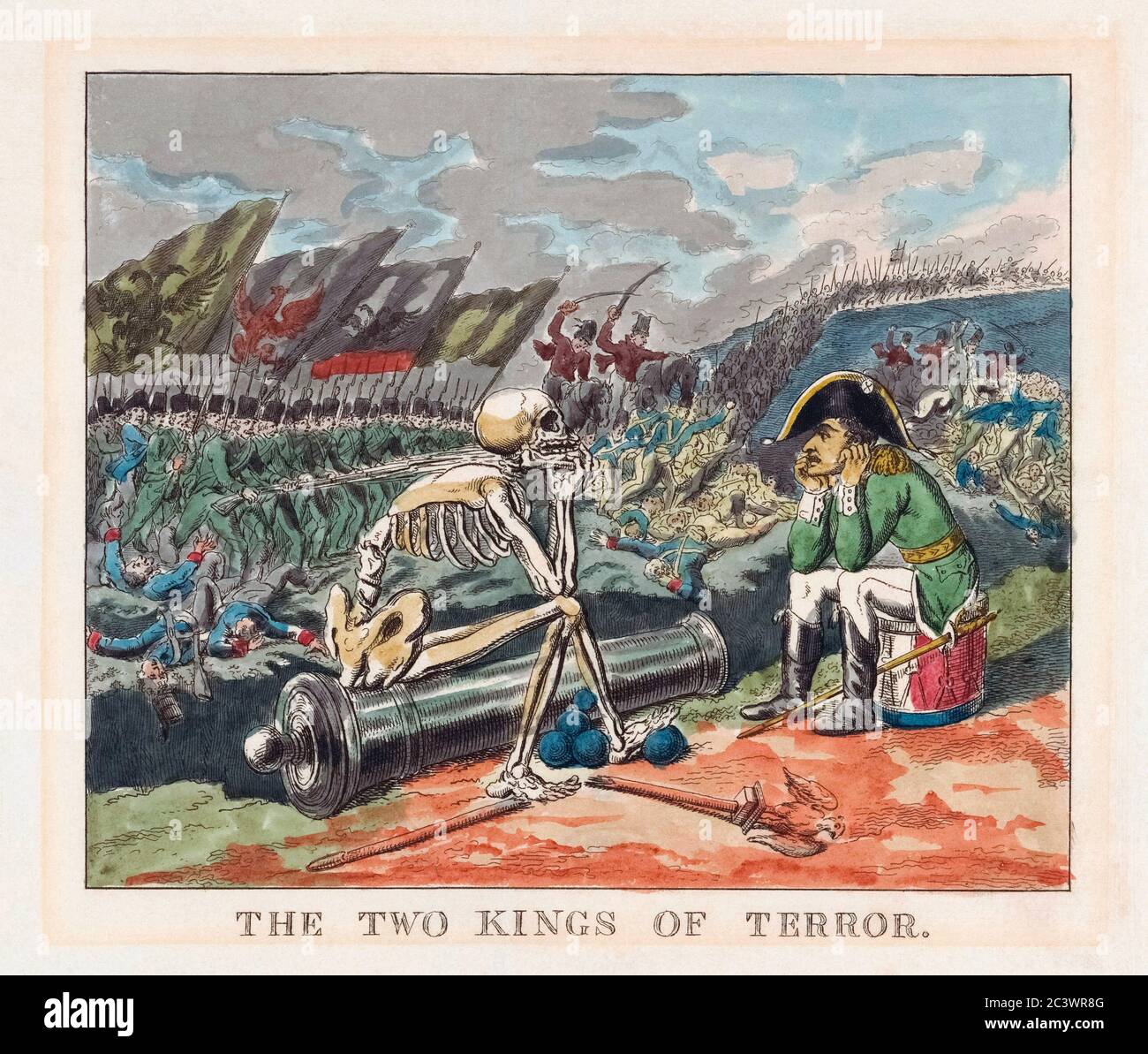 I due Re del Terrore. Morte e Napoleone si siedono a fissarsi l'uno contro l'altro nei detriti di un campo di battaglia. Cartoon politico datato 1814. Dopo un lavoro di Thomas Rowlandson. Foto Stock