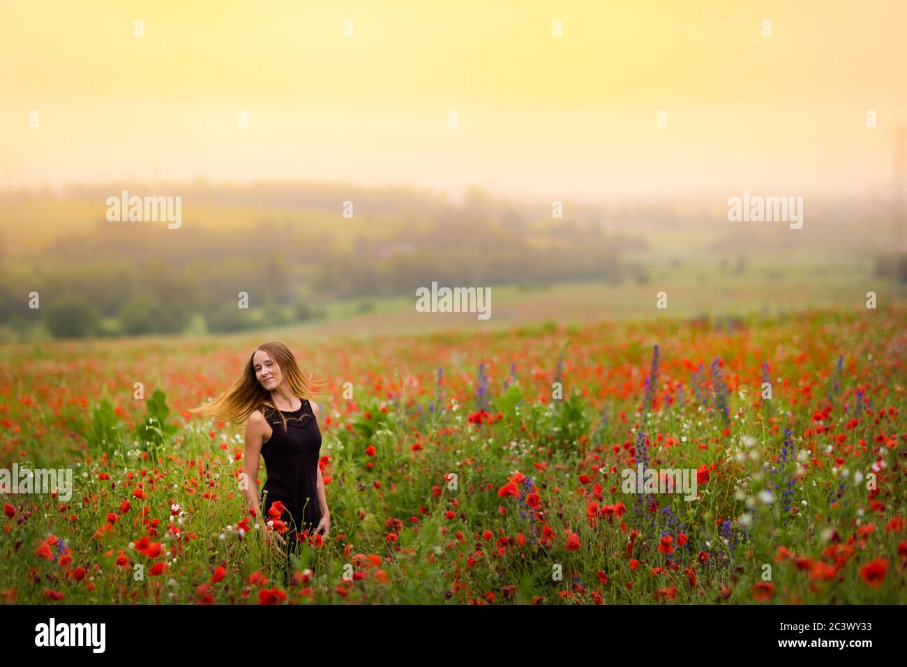 Bella giovane donna che si rilassa in un bel campo di papavero rosso. Campagna, prato naturale in Polonia. Foto Stock